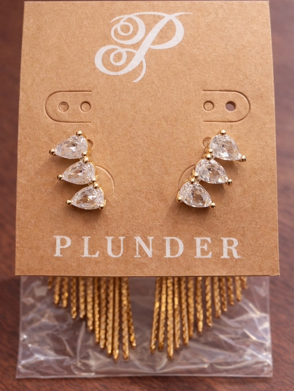 Plunder Gold Teardrop Crystal Ear Climbers - Clear Stones